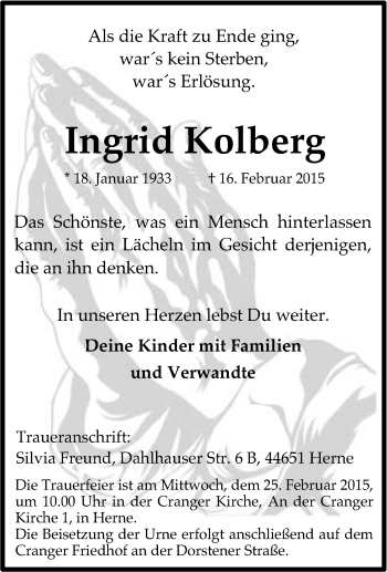 Traueranzeige von Ingrid Kolberg von Tageszeitung