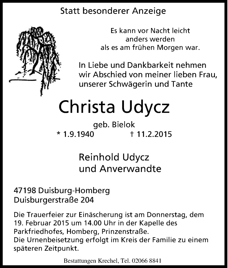  Traueranzeige für Christa Udycz vom 17.02.2015 aus Tageszeitung