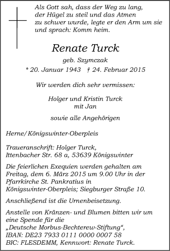 Traueranzeige von Renate Turck von Tageszeitung
