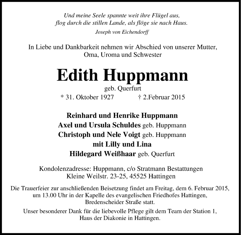  Traueranzeige für Edith Huppmann vom 04.02.2015 aus Tageszeitung