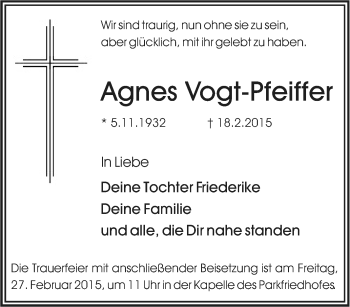 Traueranzeige von Agnes Vogt-Pfeiffer von Tageszeitung