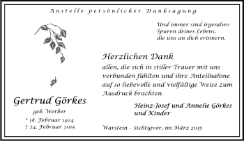 Traueranzeige von Gertrud Görkes von Tageszeitung