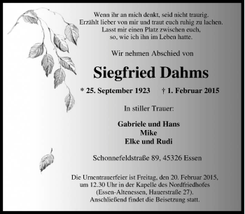 Traueranzeige von Siegfried Dahms von Tageszeitung