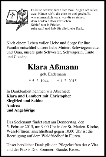 Traueranzeige von Klara Aßmann von Tageszeitung