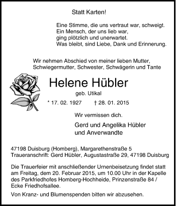 Traueranzeige von Helene Hübler von Tageszeitung