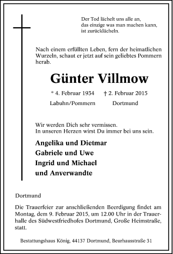 Traueranzeige von Günter Villmow von Tageszeitung