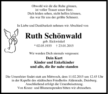 Traueranzeige von Ruth Schönwald von Tageszeitung