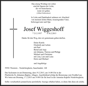 Traueranzeige von Josef Wiggeshoff von Tageszeitung