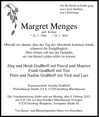 Traueranzeige von Margret Menges von Tageszeitung