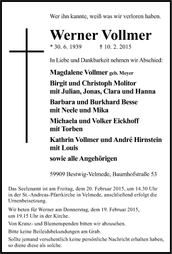 Traueranzeige von Werner Vollmer von Tageszeitung