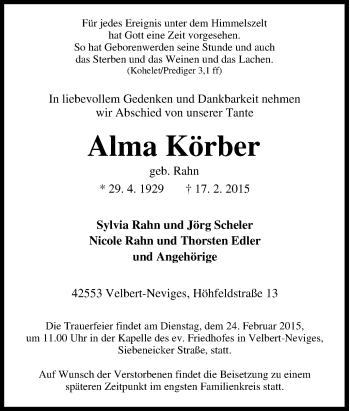 Traueranzeige von Alma Körber von Tageszeitung