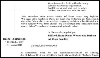 Traueranzeige von Käthe Thorwesten von Tageszeitung