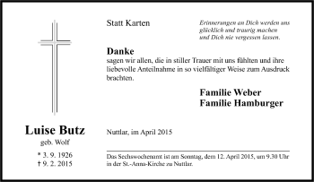 Traueranzeige von Luise Butz von Tageszeitung