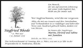 Traueranzeige von Siegfried Rhode von Tageszeitung