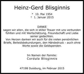 Traueranzeige von Heinz-Gerd Blisginnis von Tageszeitung