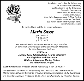 Traueranzeige von Maria Sasse von Tageszeitung