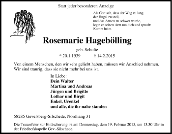 Traueranzeige von Rosemarie Hagebölling von Tageszeitung