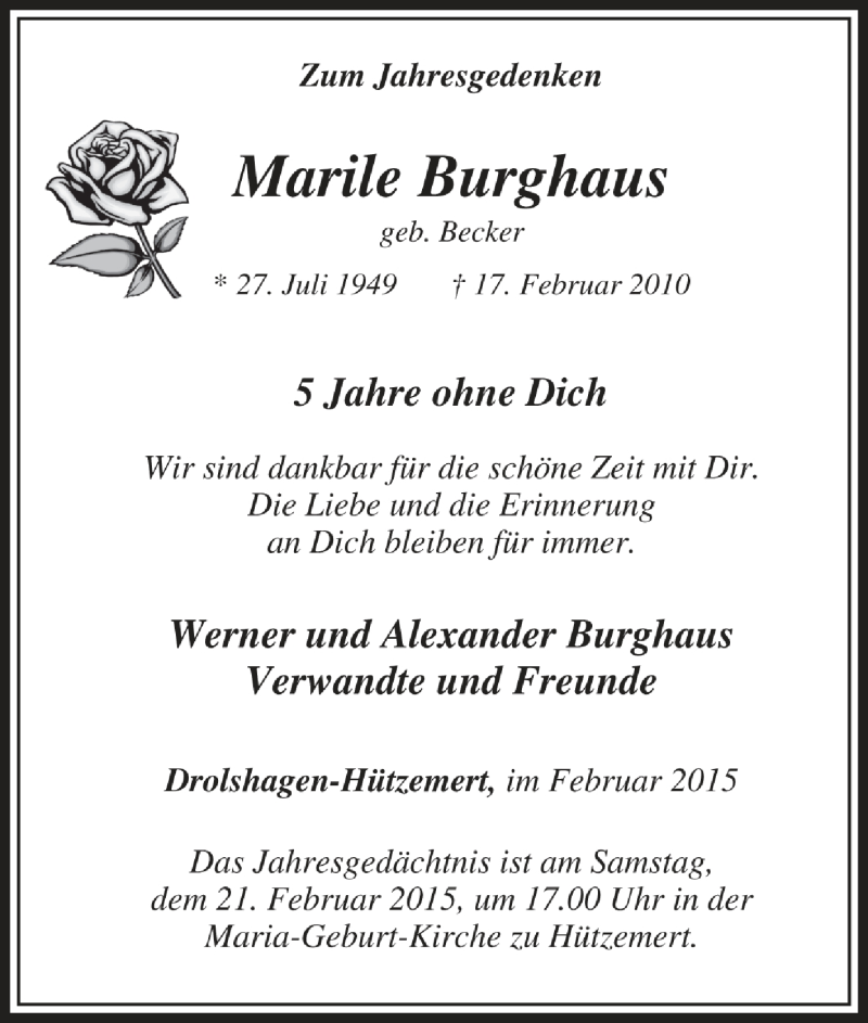  Traueranzeige für Marile Burghaus vom 17.02.2015 aus Tageszeitung