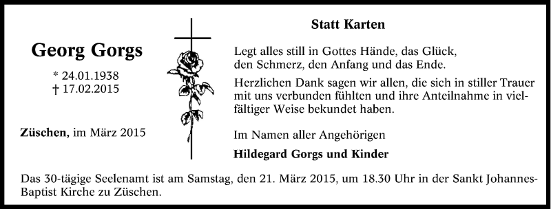  Traueranzeige für Georg Gorgs vom 19.02.2015 aus Tageszeitung