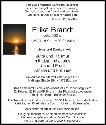 Traueranzeige von Erika Brandt von Tageszeitung