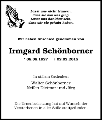 Traueranzeige von Irmgard Schönborner von Tageszeitung