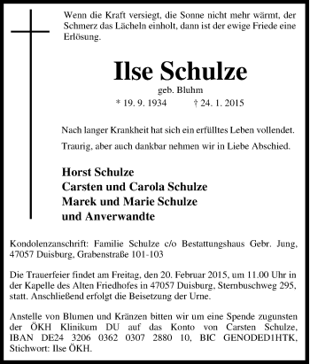 Traueranzeige von Ilse Schulze von Tageszeitung