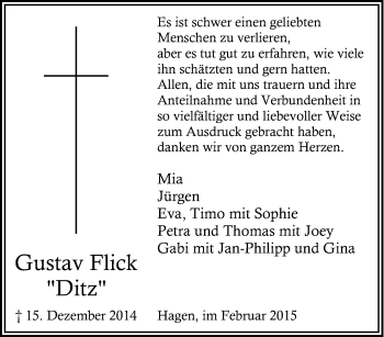 Traueranzeige von Gustav Flick von Tageszeitung