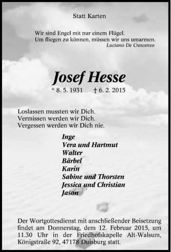 Traueranzeige von Josef Hesse von Tageszeitung