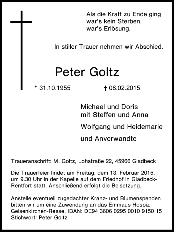 Traueranzeige von Peter Goltz von Tageszeitung