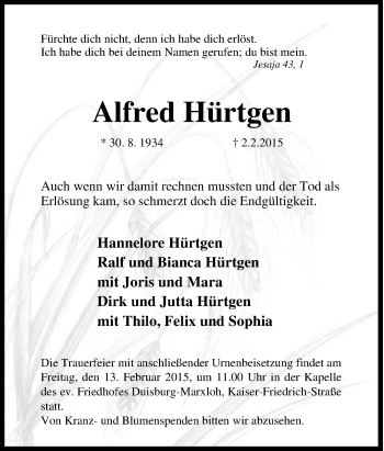 Traueranzeige von Alfred Hürtgen von Tageszeitung