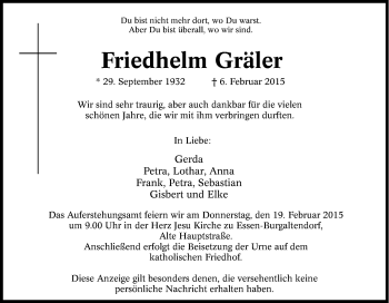 Traueranzeige von Friedhelm Gräler von Tageszeitung