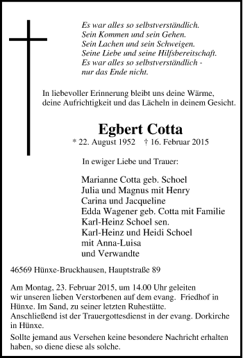 Traueranzeige von Egbert Cotta von Tageszeitung