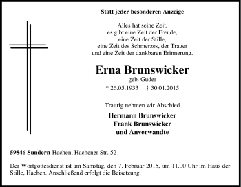Traueranzeige von Erna Brunswicker von Tageszeitung