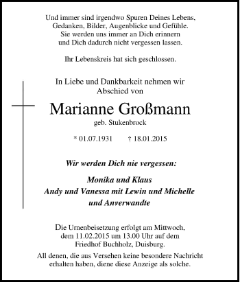 Traueranzeige von Marianne Großmann von Tageszeitung