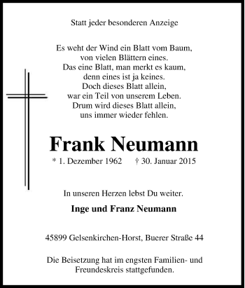 Traueranzeige von Frank Neumann von Tageszeitung