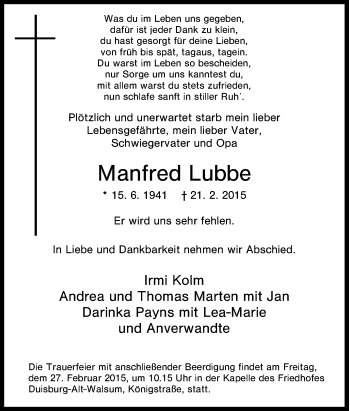 Traueranzeige von Manfred Lubbe von Tageszeitung