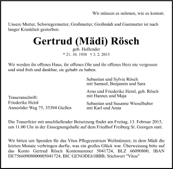 Traueranzeige von Gertrud Rösch von Tageszeitung