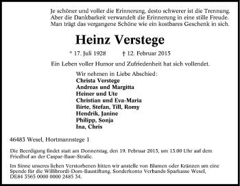 Traueranzeige von Heinz Verstege von Tageszeitung