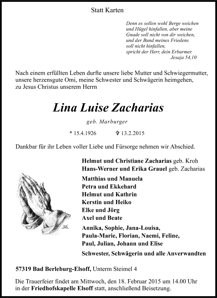  Traueranzeige für Lina Luise Zacharias vom 14.02.2015 aus Tageszeitung