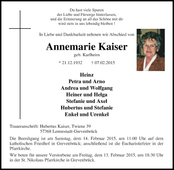 Traueranzeige von Annemarie Kaiser von Tageszeitung