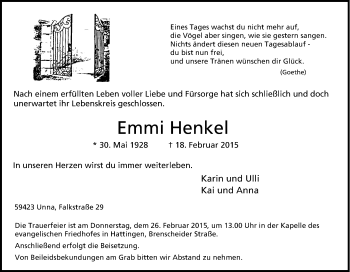 Traueranzeige von Emmi Henkel von Tageszeitung