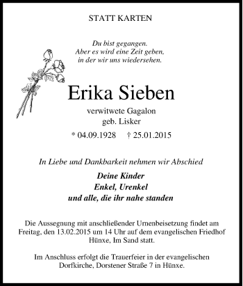 Traueranzeige von Erika Sieben von Tageszeitung
