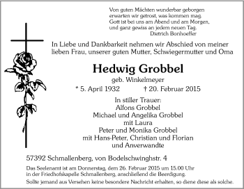 Traueranzeige von Hedwig Grobbel von Tageszeitung