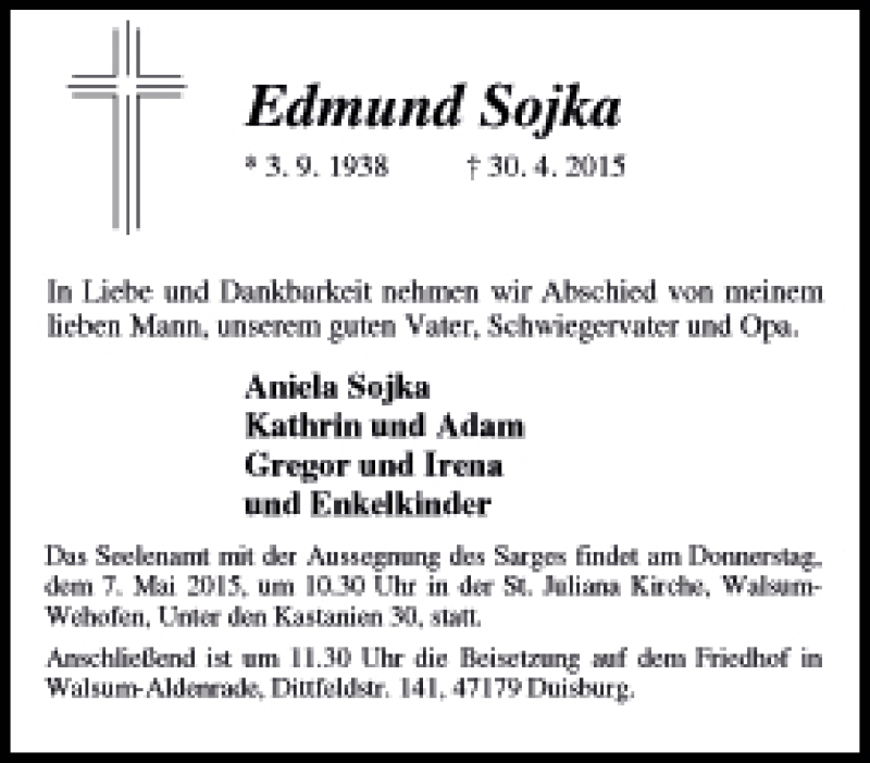  Traueranzeige für Edmund Tomyslak vom 12.02.2015 aus Tageszeitung