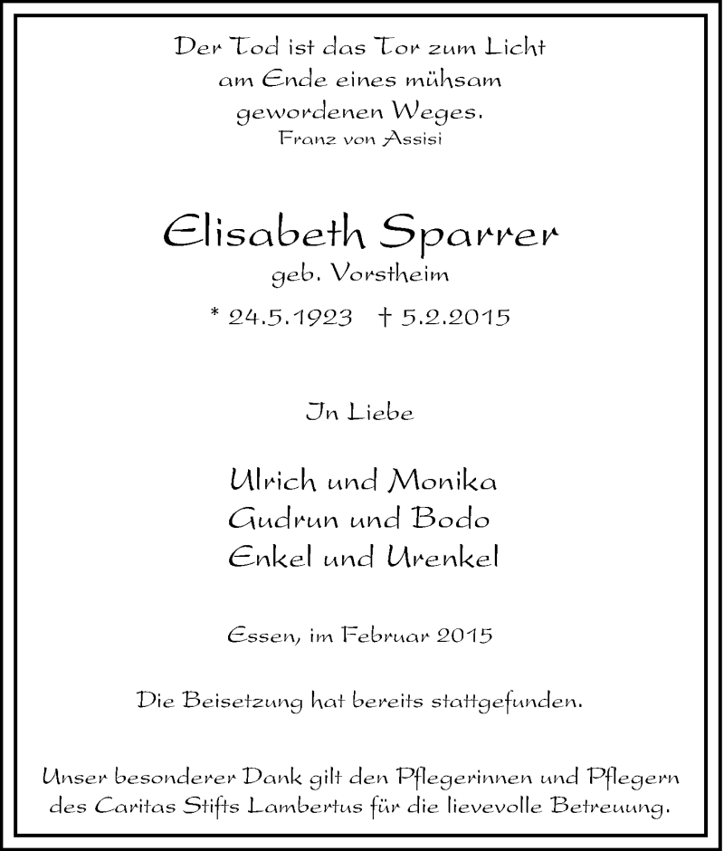  Traueranzeige für Elisabeth Sparrer vom 18.02.2015 aus Tageszeitung