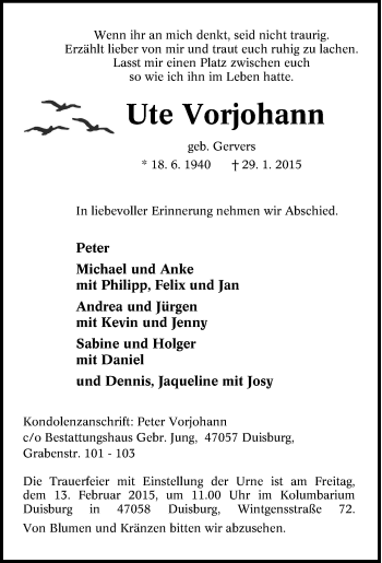 Traueranzeige von Ute Vorjohann von Tageszeitung