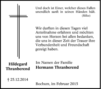 Traueranzeige von Hildegard Thranberend von Tageszeitung