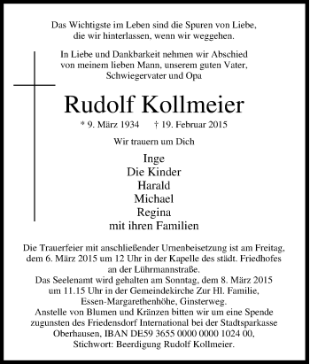 Traueranzeige von Rudolf Kollmeier von Tageszeitung