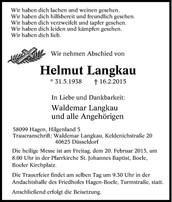 Traueranzeige von Helmut Langkau von Tageszeitung