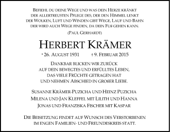 Traueranzeige von Herbert Krämer von Tageszeitung